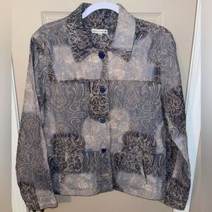 Rebecca Malone blue color block jacket with pink paisley-like embroidered detail